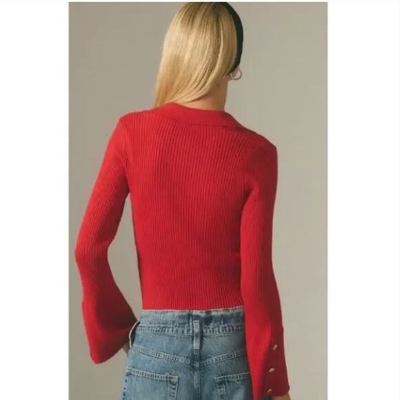 ANTHROPOLOGIE x MAEVE Polo Ribbed Crop Sweater Bell Sleeve Red Sz XXS {J5} - Picture 3 of 8